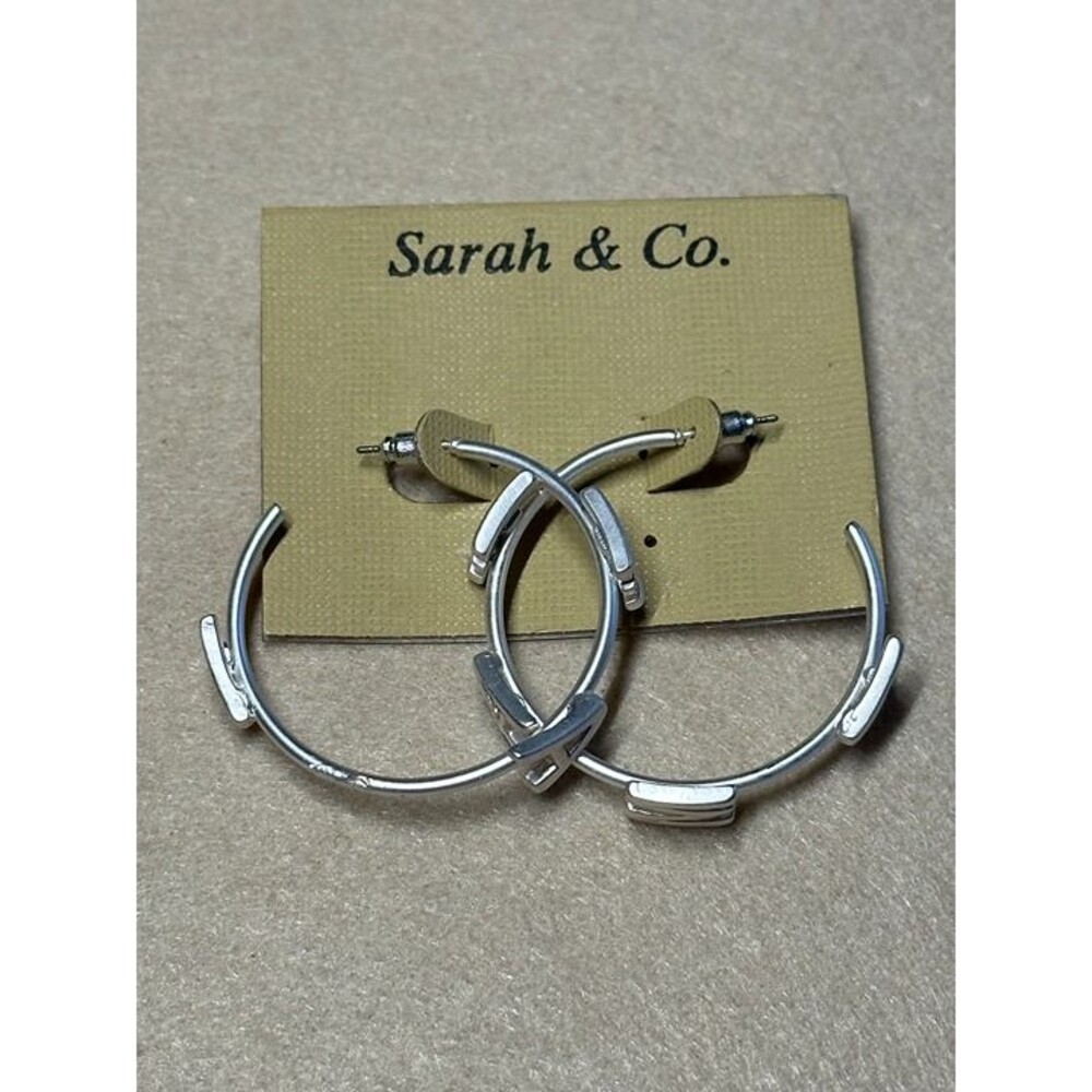 Sarah & Co Silver Tone Textured Bar Segment Hoop Earrings Boho Statement New
